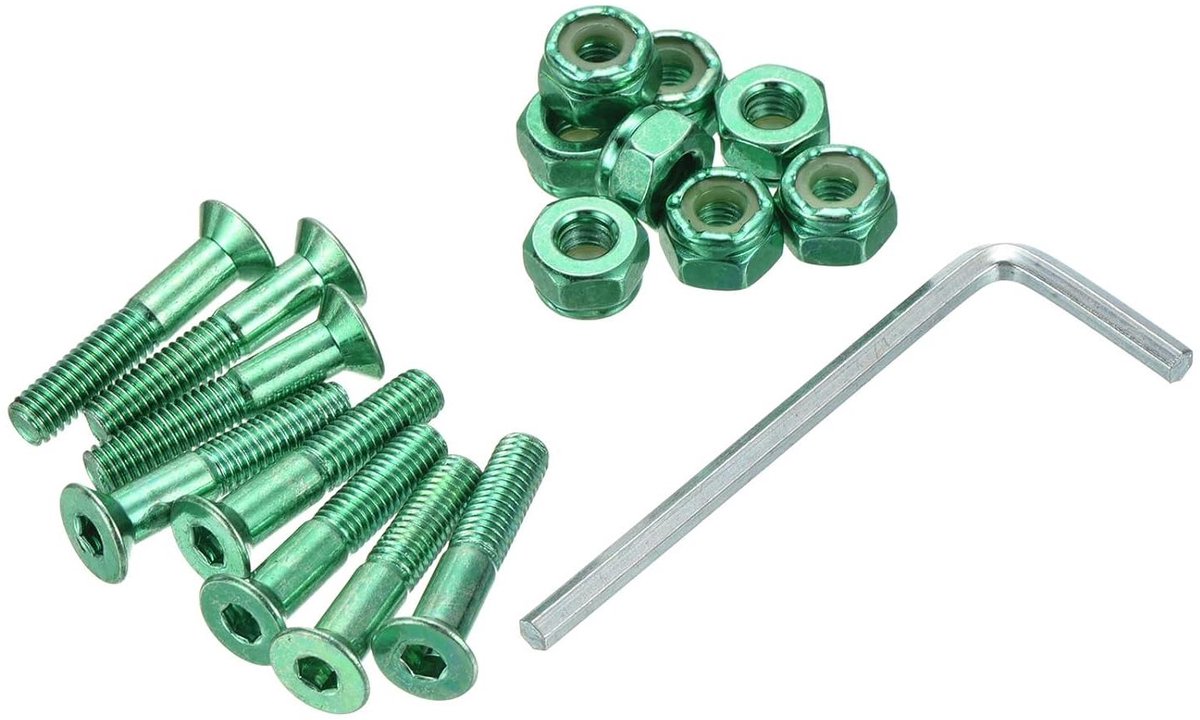 Skateboard Hardware Kit - Bevestigingsschroeven Moeren Set - Skateboard Monteren - Inclusief Montag Sleutel - 25mm Schroeflengte - Groen