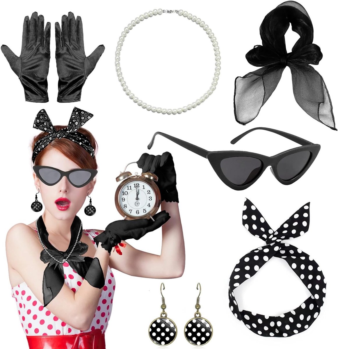 Set van 6 Rockabilly Accessoires voor Vrouwen - 50s Kostuum Accessoires voor Halloween, Carnaval en Verjaardagsfeestjes