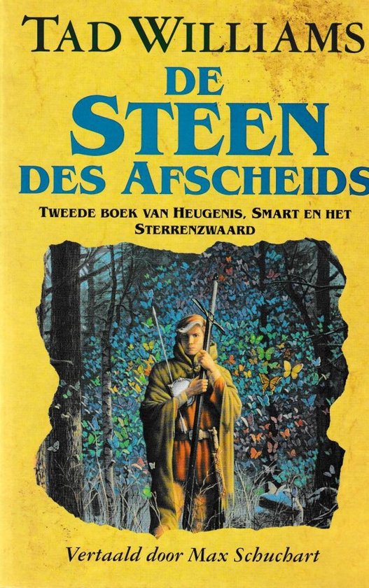 Een man met een houweel en een mantel, omringd door vlinders, de cover van het boek 'De Steen des Afscheids'.