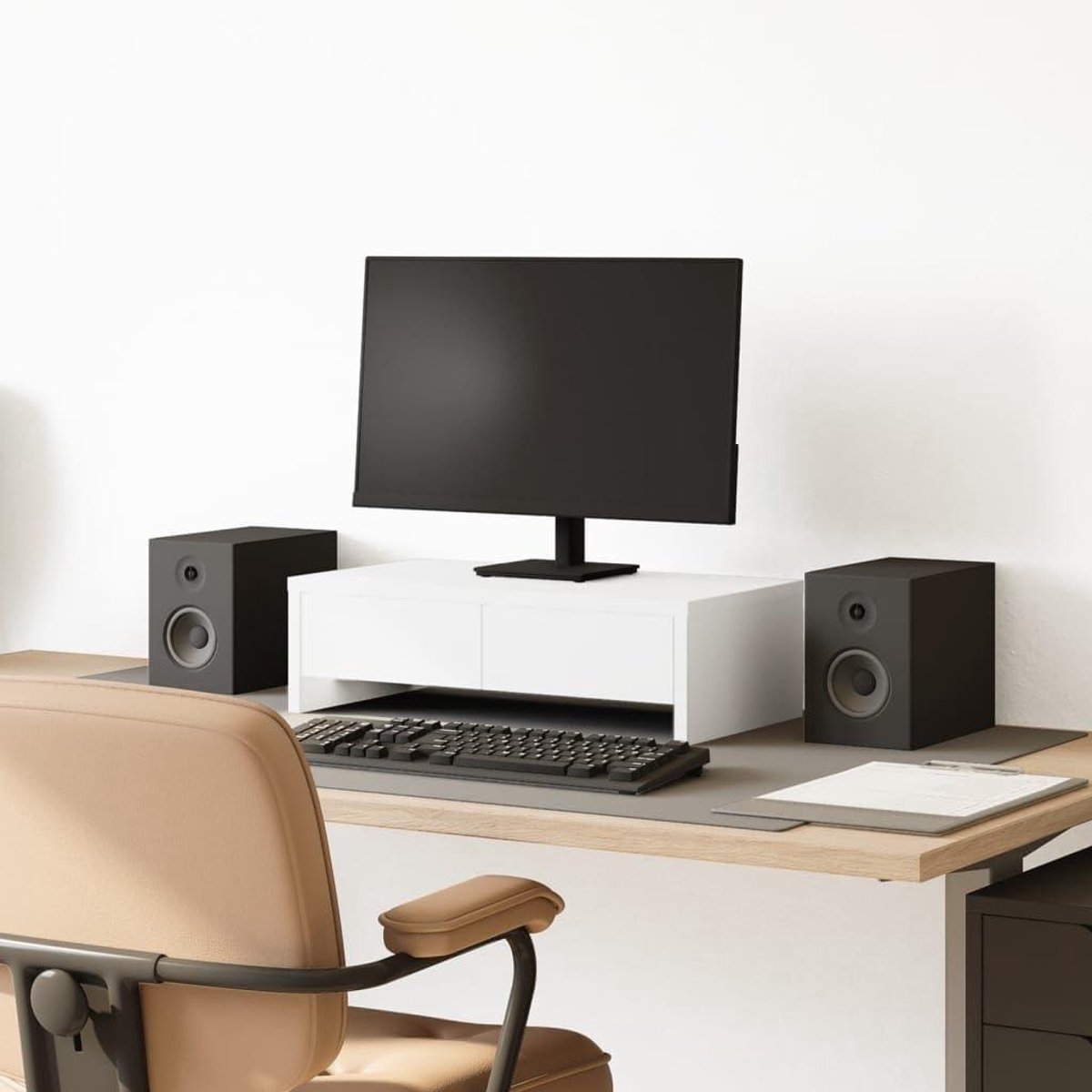 Homgoday Monitor Stand with Drawers, White, 50 x 27 x 15 cm, Wood Material, Monitor Stand, Monitor Raise, Computer Stand, Printer Stand