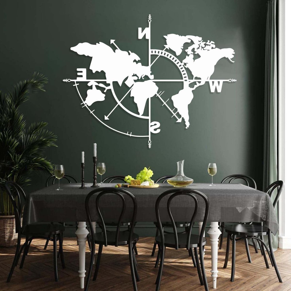 Metalen Wanddecoratie - Wereldkaart Kompas - Huis Verfraaien - Uniek Ontwerp - 60x46 cm - Zwart