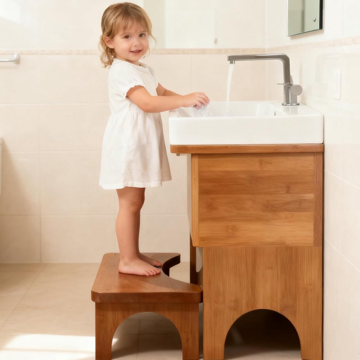 Toiletkruk Houten Opstapje - Badkamerkruk Potje - Ergonomisch Zitten - Schuine Zithouding - 37 x 20 x 17 cm - Bruin