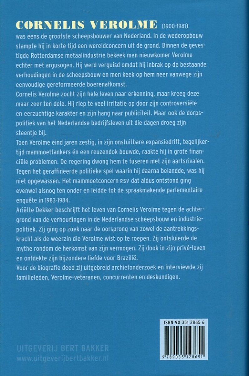 Achterkant van het boek 'Cornelis Verolme' met biografie en ISBN.