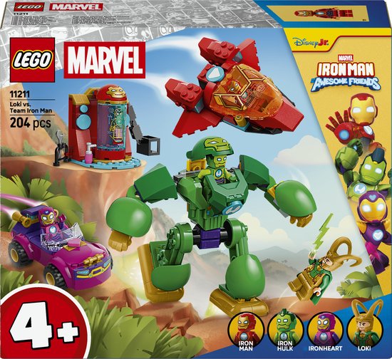 LEGO Marvel box: Loki tegen Team Iron Man speelset met groene mech, rode jet, paarse auto en Loki.
