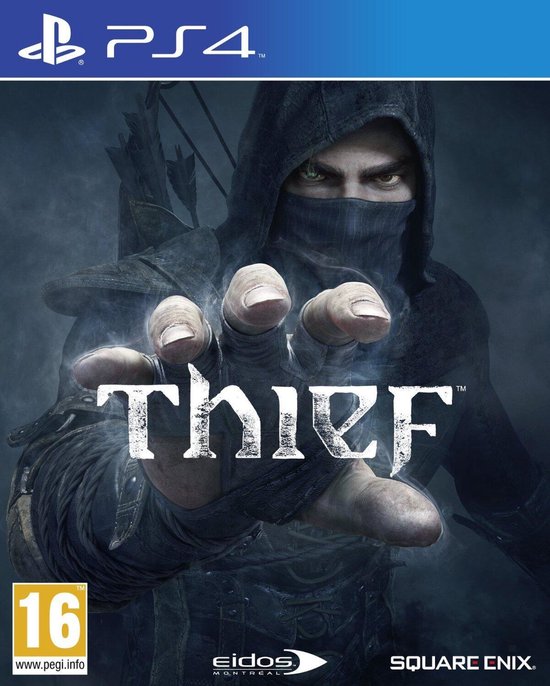 Cover art van de game Thief, met een man met kap die naar de kijker reikt. 'Thief' logo.