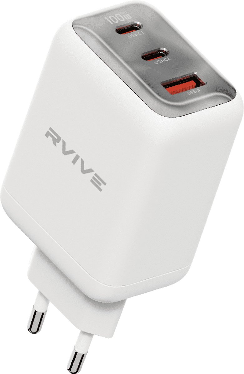 Rvive - 100W GaN Fast Charging USB-A & Dual USB-C Charger - Wit