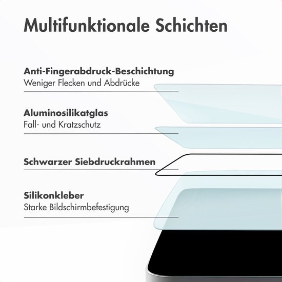 Gelaagde glasbescherming met anti-vingerafdrukcoating, aluminiumsilicaatglas, zwarte rand en siliconenlijm.