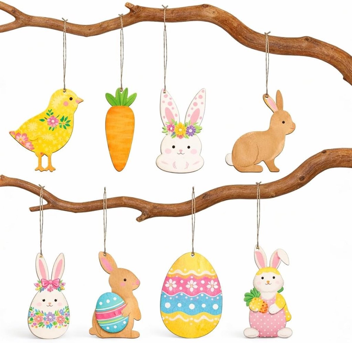 16 stuks houten paasdecoratie om op te hangen – paashaas, paasei, kuiken en wortelhanger voor een sfeervolle lentedecoratie in huis, ideaal voor Pasen en creatieve knutselprojecten