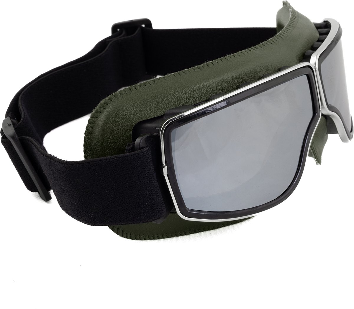 KIMU® Goggles Motorbril Skibril - Bril Groen Montuur - Zilveren Spiegelglazen - Leatherlook Pilotenbril Vintage Motor Retro Steampunk Lederen Heren Festival
