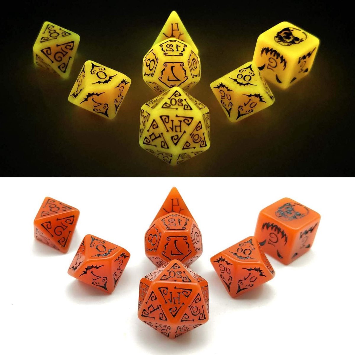 Veelvlaks Dobbelstenen Set - RPG Dobbelstenen - Spelavonden Organiseren - Glow in the dark - 7 stuks - Oranje