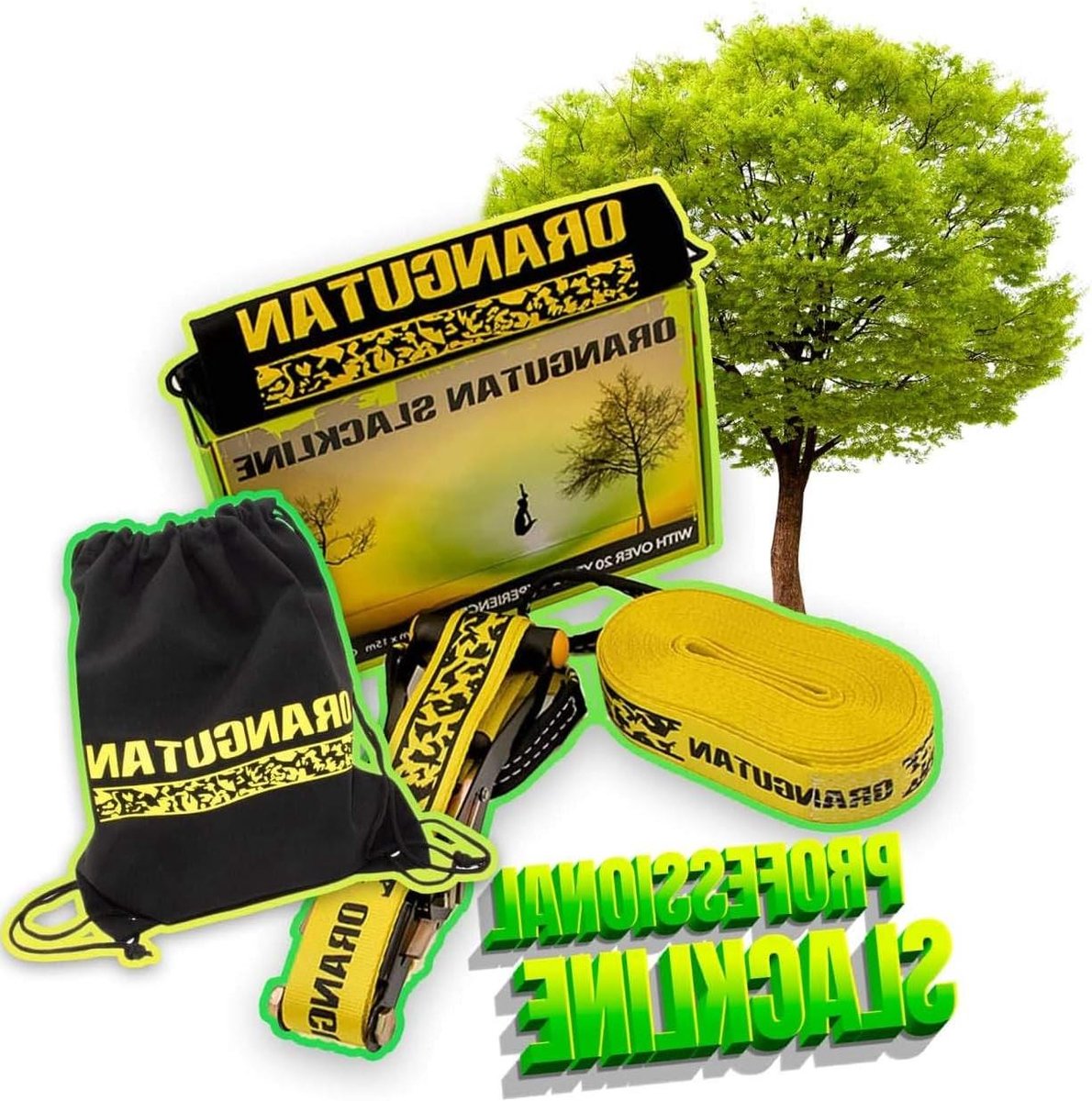 Slackline Kit - Balanslijn Touw - Outdoor Plezier - Inclusief Ratel Tas - 15m x 50mm - Zwart