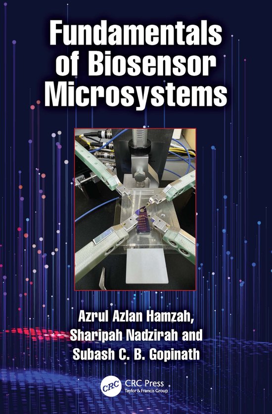 Couverture de livre : Fundamentals of Biosensor Microsystems, avec une image d'équipement de test.