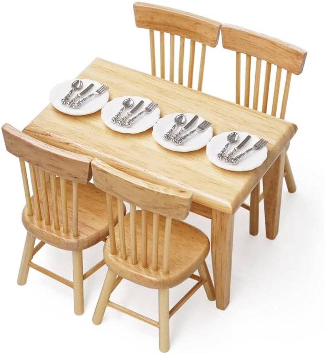Miniatuur Eettafel Stoelen - Poppenhuis Meubels - Huis Decoratie - Gedetailleerd Ontwerp - Schaal 1:12 - Houtkleur