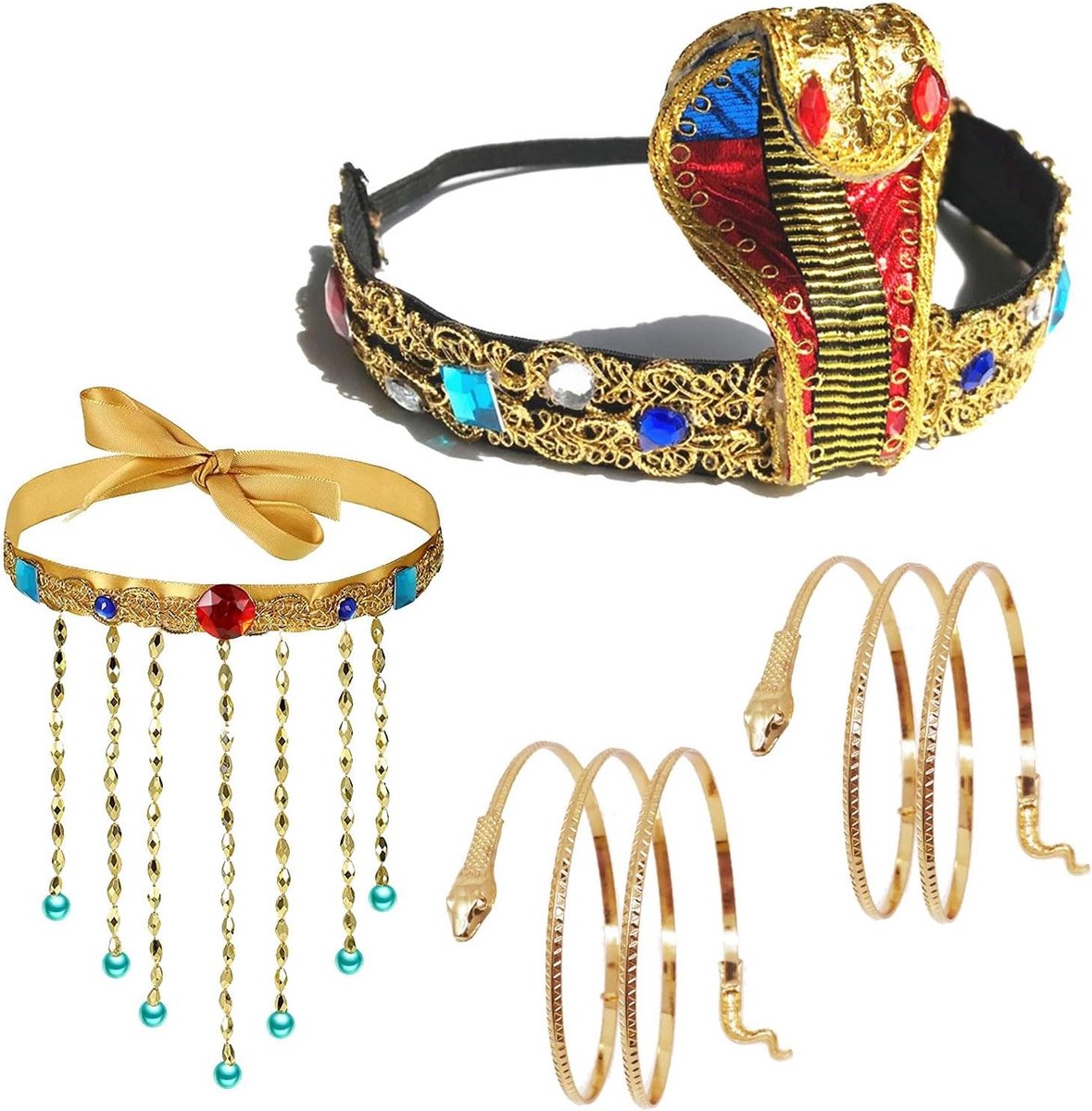 Egyptische kostuumaccessoires set voor vrouwen - hoofdband, ketting, pompons, parels en slangenarmbanden voor Halloween, carnaval en feesten
