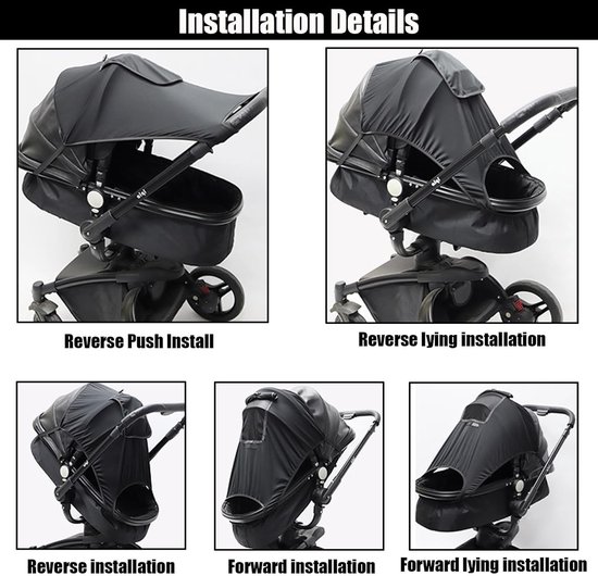 Universeel zonnescherm voor kinderwagens - zonbescherming voor kinderwagen, Past op 98% van de kinderwagens - UV-bescherming - Meerdere bevestigingsopties - regenbestendige accessoires - Zwart - Cyslmuk® van Universeel — afbeelding 5