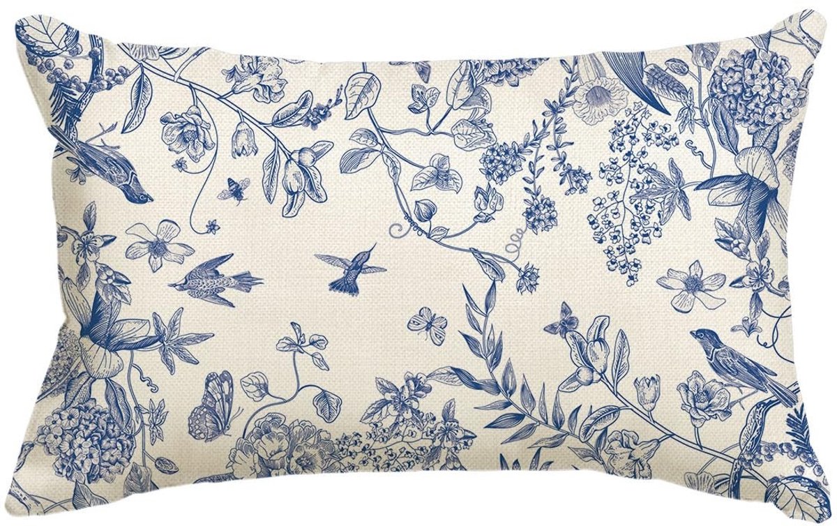 Allecto - Kussensloop - Vogels en Bloemen - Ultrazacht en Modern - 30 x 50 cm - Decoratie voor Woonkamer en Slaapkamer - Blauw