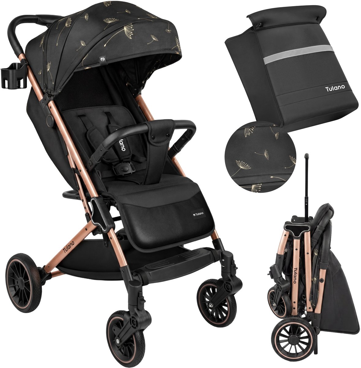 Tulano Lagos 35 Buggy - Wandelwagen tot 15 kg - XXL Zonnekap - Zwart/Goud