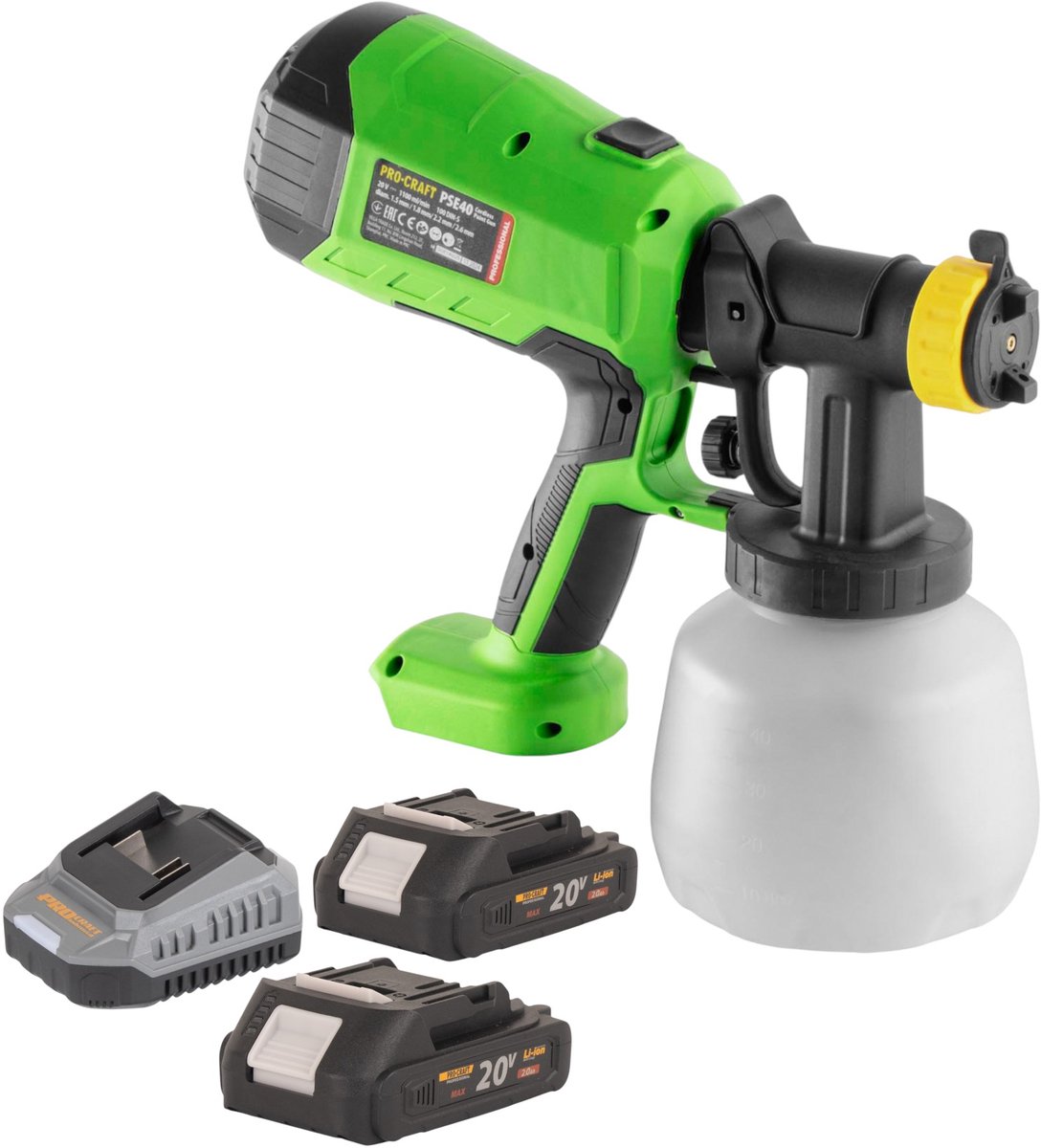 Procraft PSE40bb accu verfspuitpistool 20 V + 2x accu 2,0 Ah + oplader