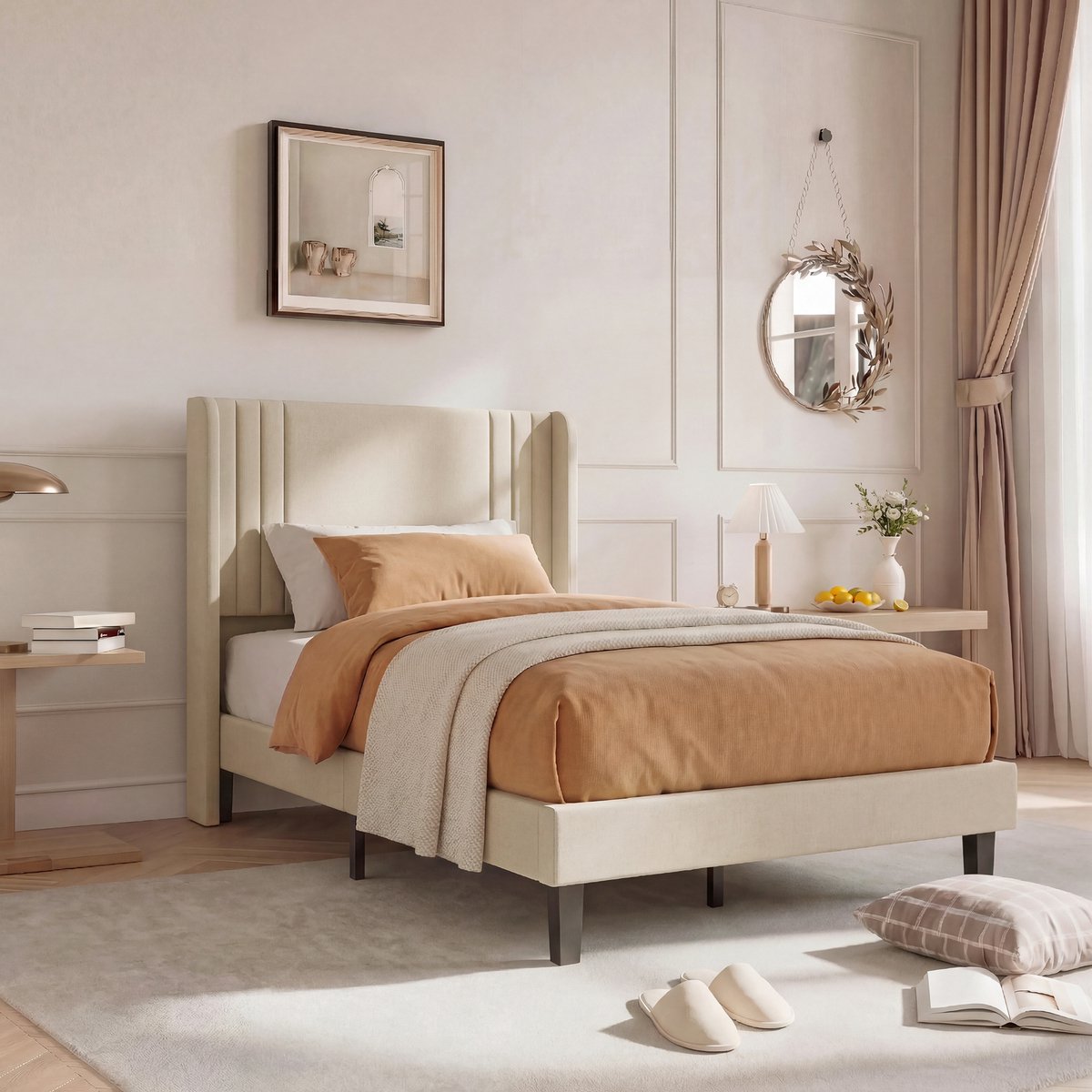 Solvenrik Bed 90x200 Beige Linnen – Modern Eenpersoonsbed