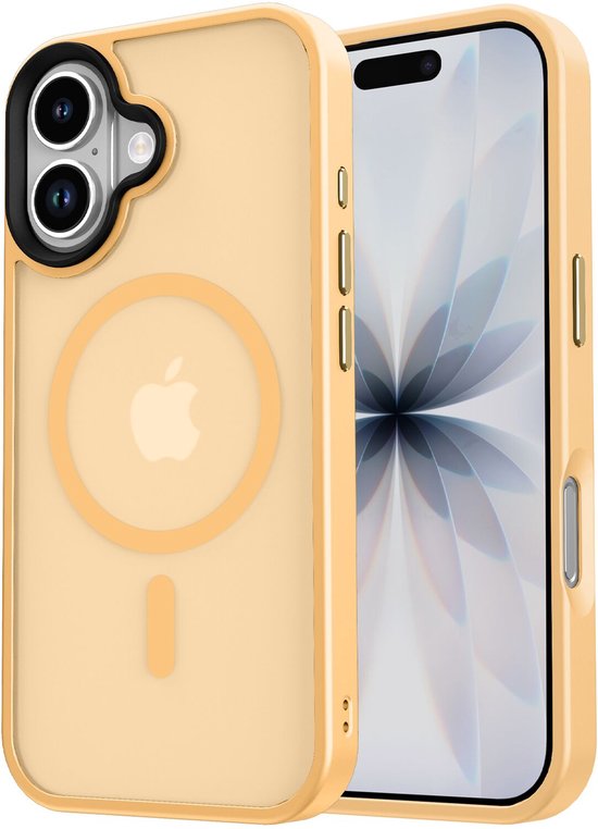 Coque dorée avec dos en verre dépoli et l'écran d'un iPhone.