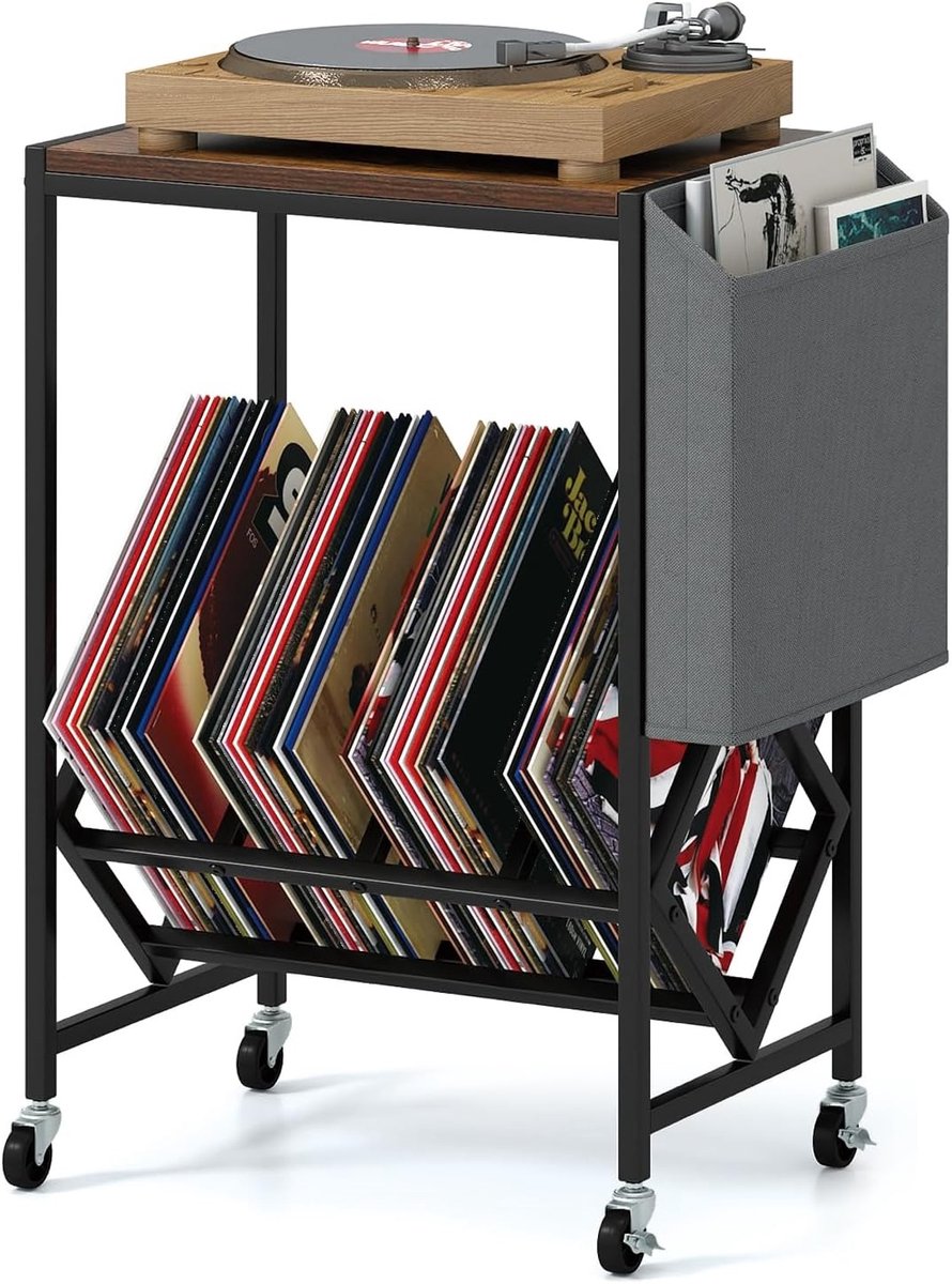 Platenkast Platenspeler Meubel met Opbergruimte - Vinyl Opbergkast met Wielen en Rem - 20 LP Capaciteit - Platenspeler Standaard met Tafelblad en Tijdschriftenhouder - Vinyl Record Organizer Voor Woonkamer en Muziekkamer