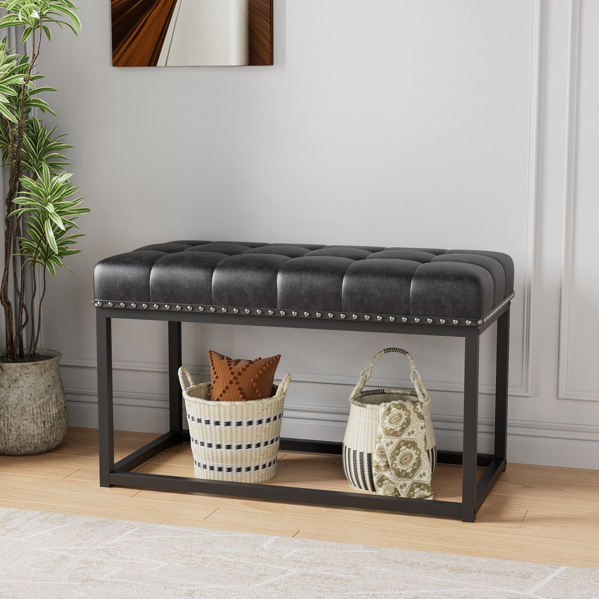 Pugsdrly 36" vintage gestoffeerde bank met knopgetufte zitting van kunstleer, industriële metalen eetbank voor de hal, slaapkamer, woonkamer of aan het voeteneinde van het bed (zwart)