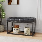 Pugsdrly 36" vintage gestoffeerde bank met knopgetufte zitting van kunstleer, industriële metalen eetbank voor de hal, slaapkamer, woonkamer of aan het voeteneinde van het bed (zwart)