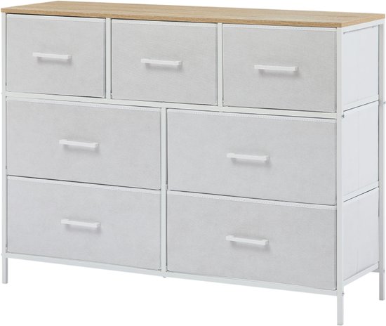 CASABEL ladekast met 7 laden, wit metalen frame en MDF-hout, opbergmeubel 100x30x75cm, praktisch en veelzijdig