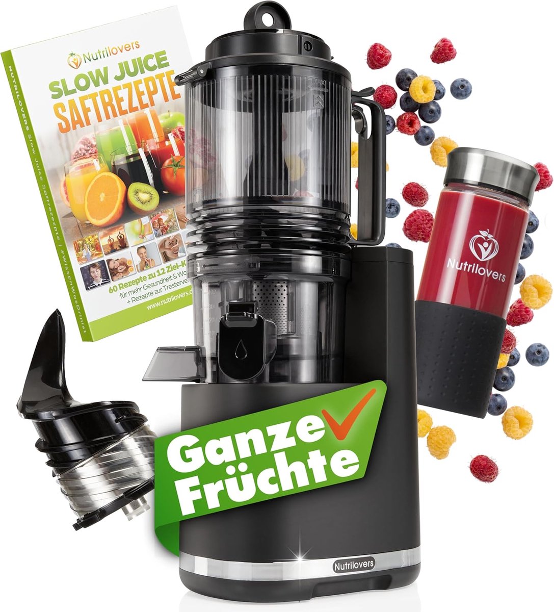 Nutrilovers Slow Juicer NUTRI-PRESS MAX sapcentrifuge voor hele vruchten met XXL-opening van 150 mm, BPA-vrij, incl. sapfles en receptenboek voor slow juice