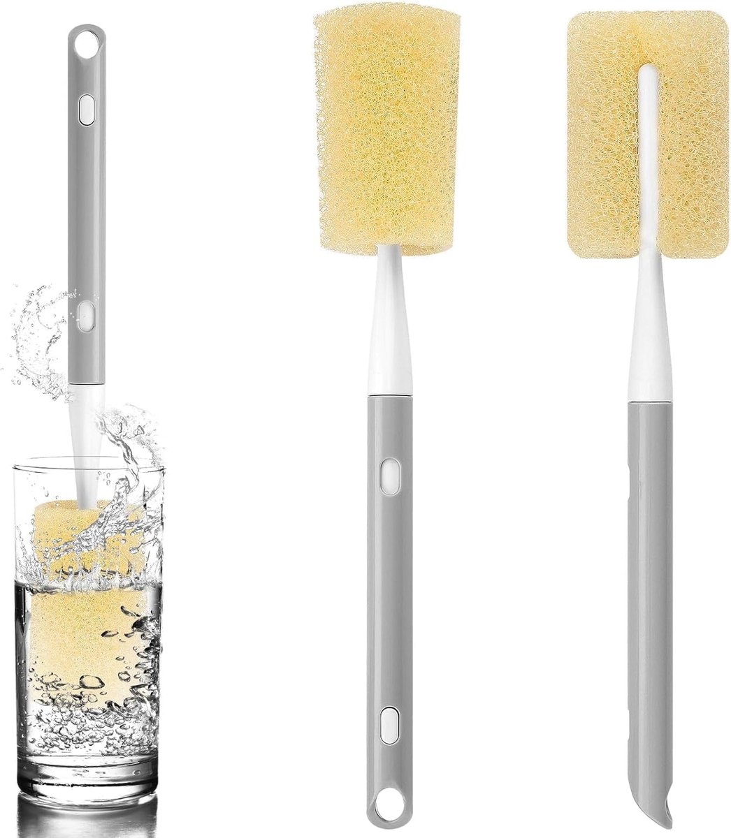 Flessenborstel met spons (2-delige set), flessenreinigingsborstel, lengte 29-38 cm, honingraatvormige sponsborstel Geschikt voor flessen, glazen, waterkokers, wijnkannen, wijnglazen, borden en kommen.