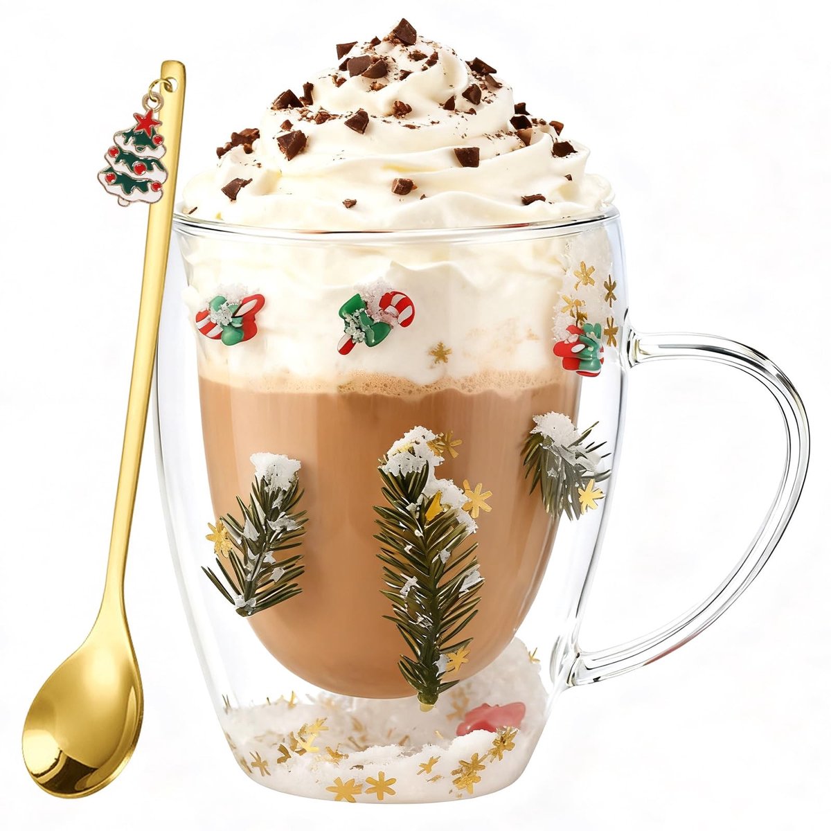 Dailygoods - Creatieve Dubbelwandige Glazen Kerstmok met Lepel - 350 ml