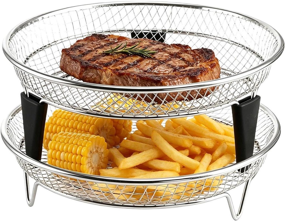 Airfryer mand - Gaasplank 2-delig - Koken en braden - Roestvrij staal - 18x18 cm - Zilver