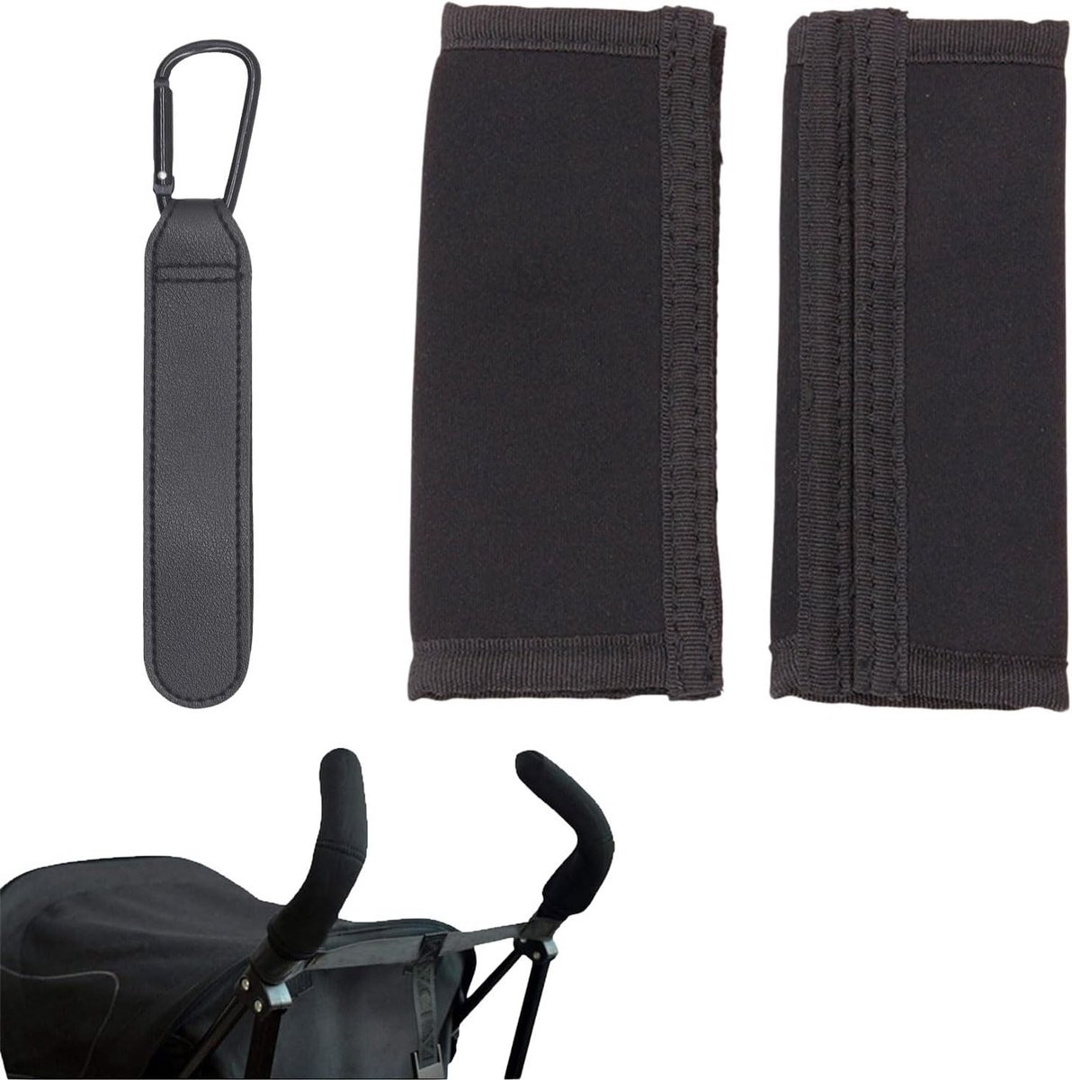 Universele Handvat Covers voor Kinderwagens, Zwarte Faux Leren Armsteunen, Comfortabele Accessoires voor Kinderwagens met Haak