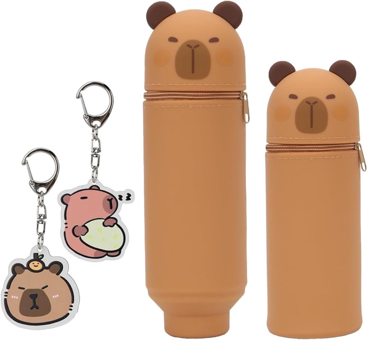 Schattige Kawaii Etui, 2 in 1 Zachte Siliconen Tas, Dieren Pennenhouder met Sleutelhanger, Cartoon Etui voor Kinderen, Bruin, Capybara, Perfect voor School en Creatief Gebruik