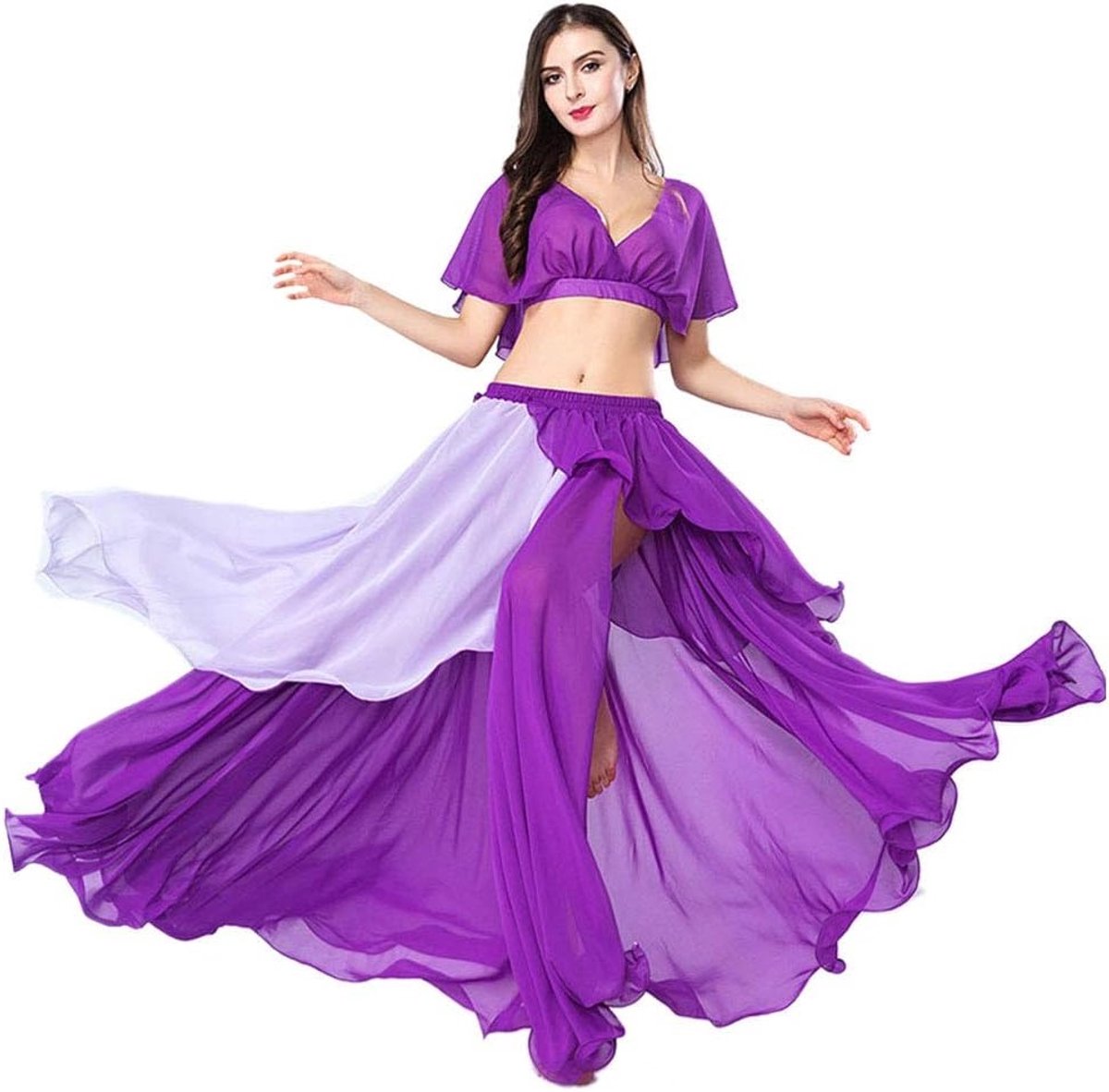 Bellydance top en rok kostuumset voor vrouwen, chiffon buikdansoutfit met patchwork design, perfecte dansset voor trainingen en optredens