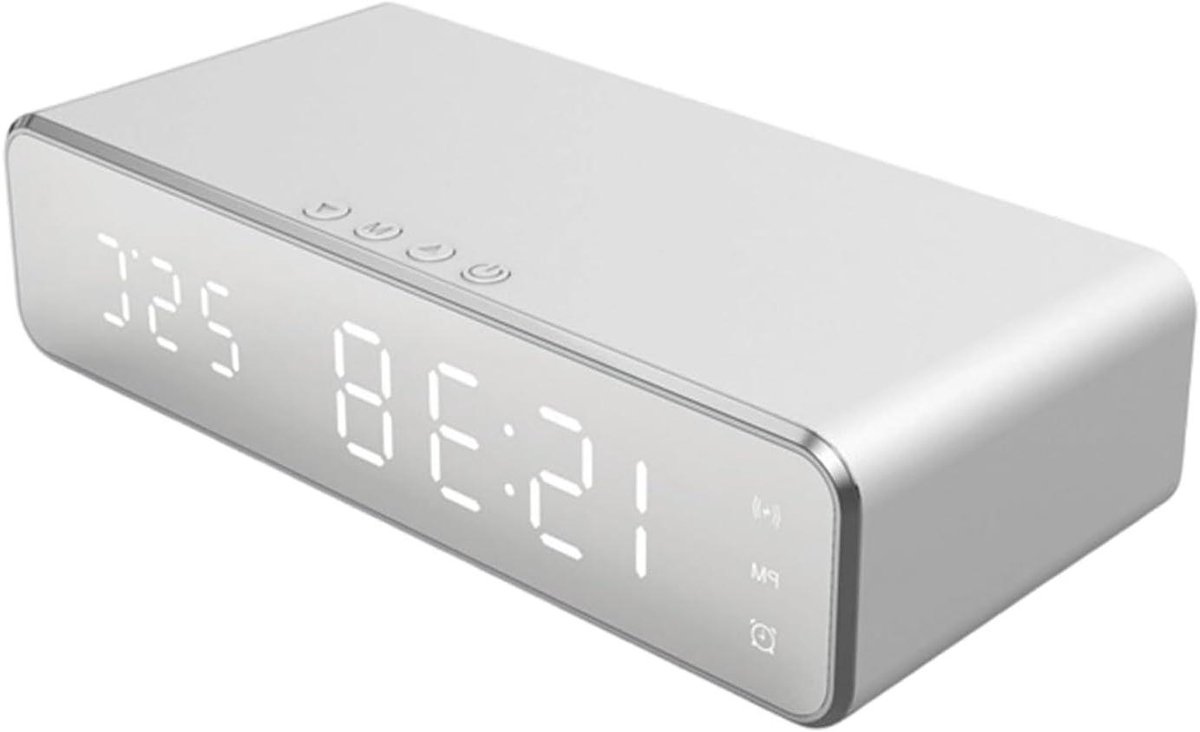 Wekker met telefoonoplader, laadstation met led-display, digitale klok voor nachtkastje, draadloze standaard voor smartphone, moderne temperatuurweergave, goud