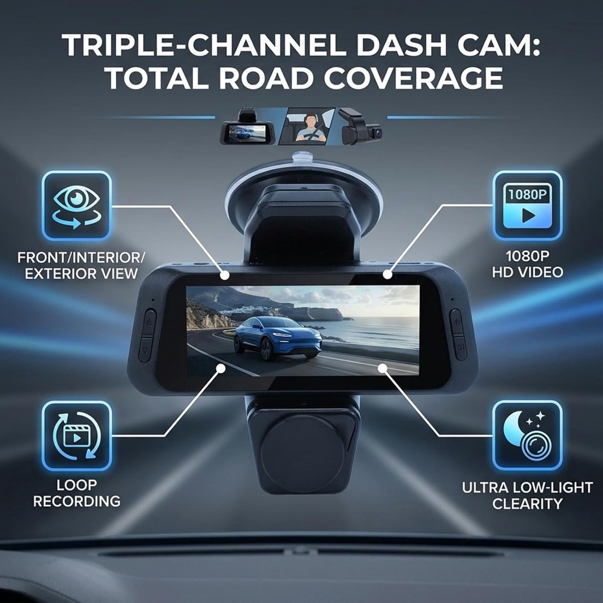Dashcam 3 Kanaals - Auto Camera - Veilig Rijden - 360 Graden Zicht - 3.16 Inch Scherm - Zwart – foto 2