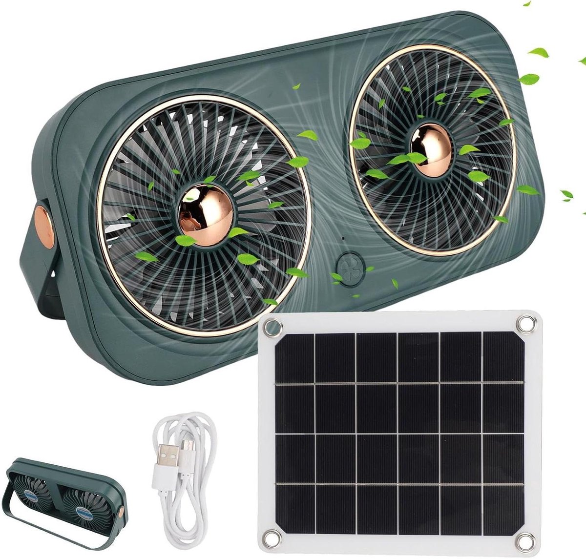 Draagbare Ventilator - Zonnepaneel Fan - Luchtcirculatie Buiten - Energiezuinig Zonne-ontwerp - 220x110x36mm - Legergroen