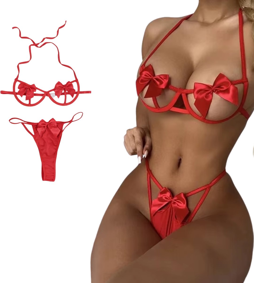 Sexy Dames Lingerieset – Rood - Met Strikken – Tweedelige Lingerie Set - Halter Bralette Met Strikjes - String - Ondergoed Voor Vrouwen - Maat XL