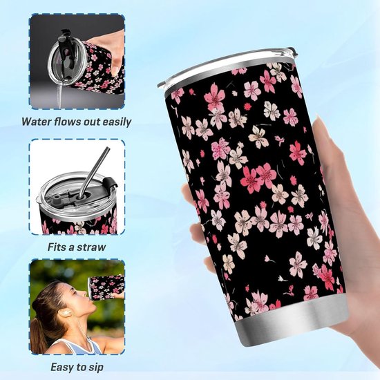 Geïsoleerde Mok - Thermosbeker - Dranken Warm Houden - Dubbelwandig Vacuüm - 600ml - Kleine Rode Bloemen — afbeelding 3