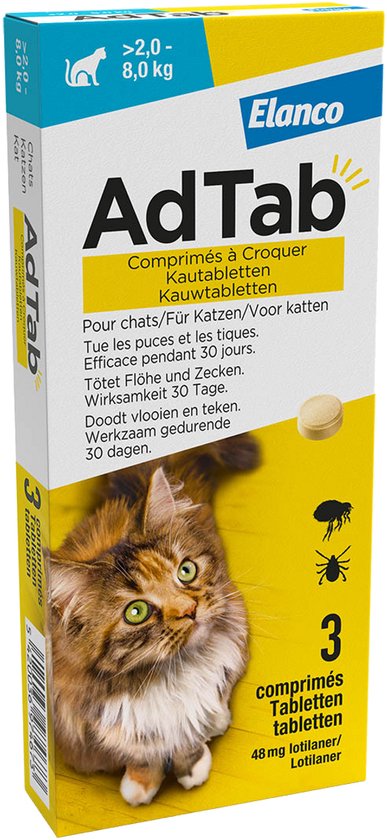 Doos AdTab kauwtabletten voor katten > 2,0 - 8,0 kg. Afbeelding van een gevlekte kat, vlooien, teken en een tablet. Toont '3 tabletten' en gewicht.