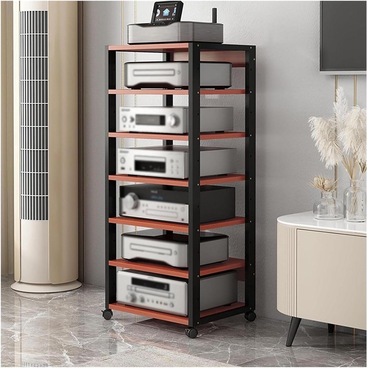 AV Mediastandaard - Audiorek Opbergmeubel - Organiseren Van Apparatuur - Verstelbare Planken - 7 Laags - Rood