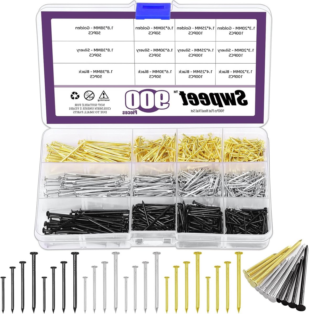 900 stuks assortiment spijkers in 4 maten, verzinkte en gekleurde spijkers voor wanddecoratie en bevestiging