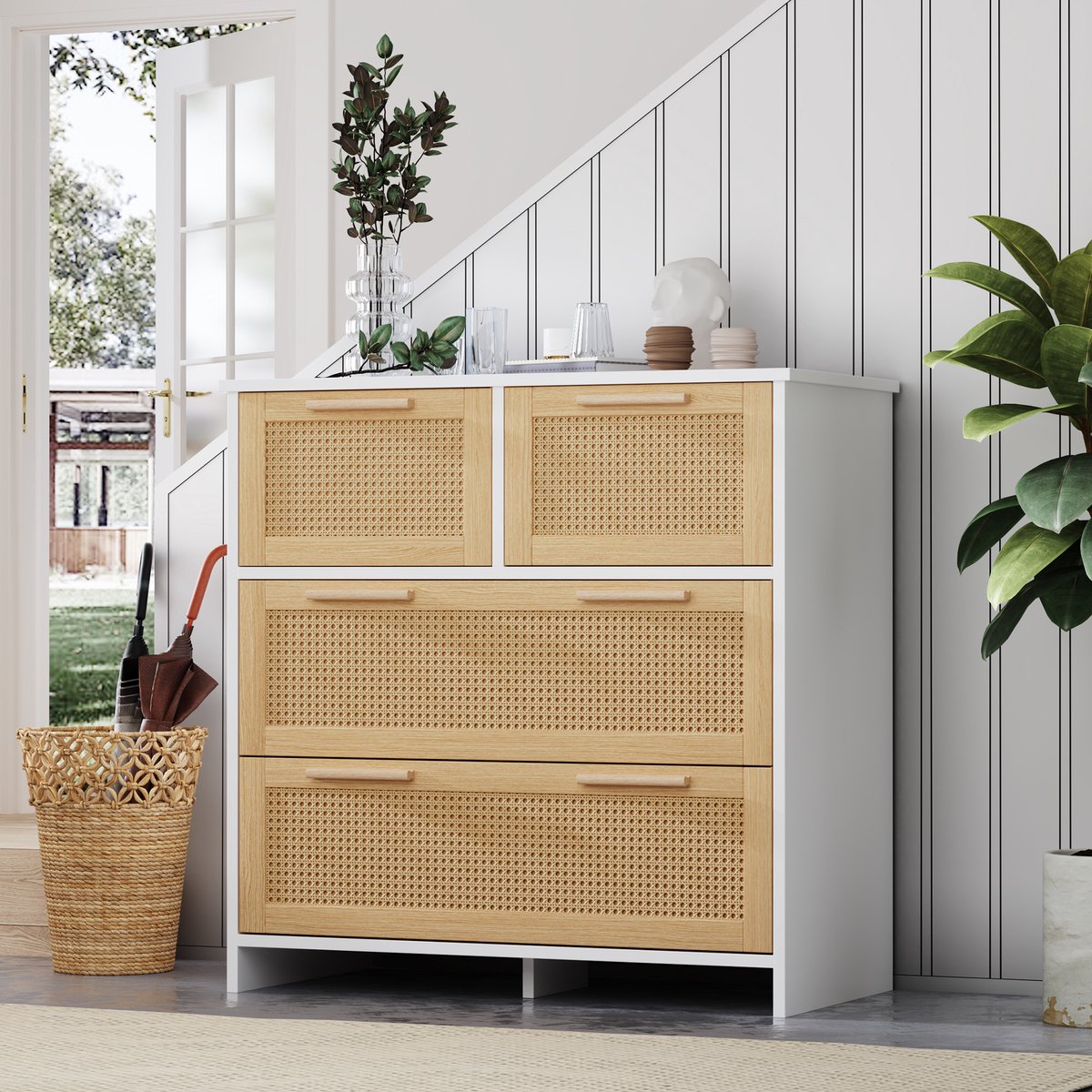 Ladekast - 80x80x38 cm - rattan design & massief houten handgrepen - 4 laden - anti-kipbeveiliging