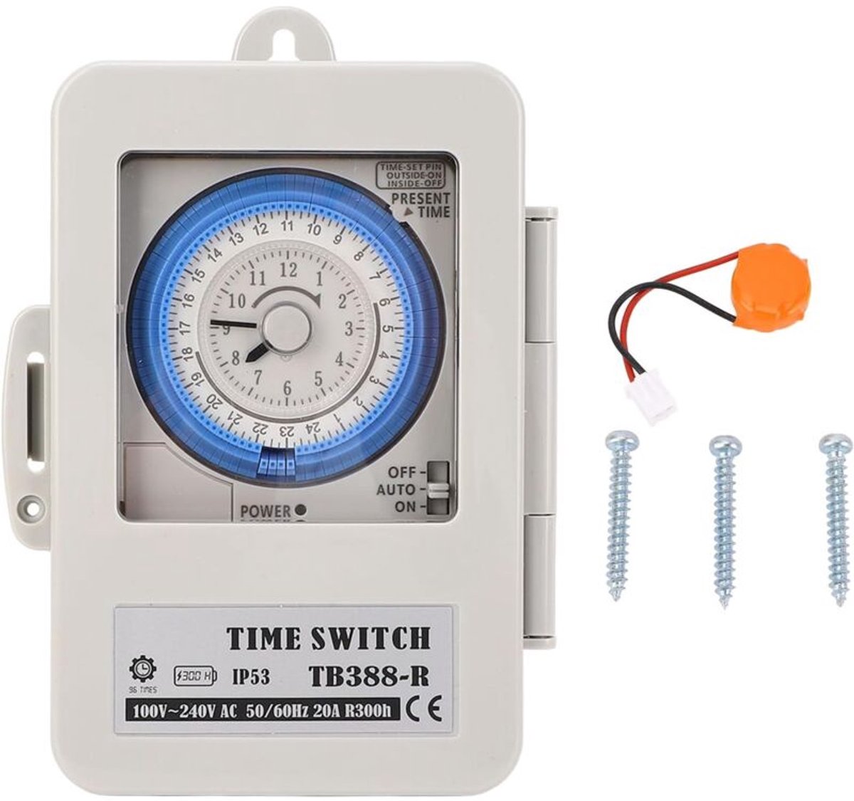 Mechanische 24-uurs timer met transparante afdekking, schakelaar voor minimale timertijd van 15 minuten, geschikt voor de productie van straatverlichtingsapparatuur TB388-R.