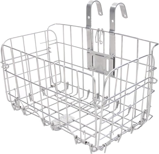 Zilverkleurige, opvouwbare fietsmand met metalen haken.