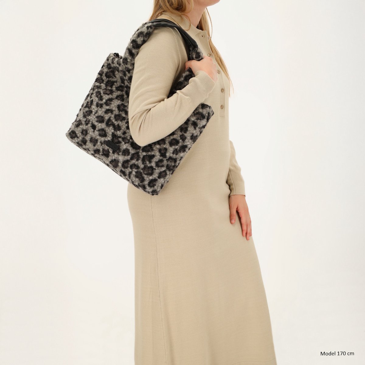 Beagles Nancy Shopper - Teddy Look - Schoudertas - Verstelbare Schouderband - Damestas - Tote Bag - Dames Tas - Luipaard Zwart/Grijs