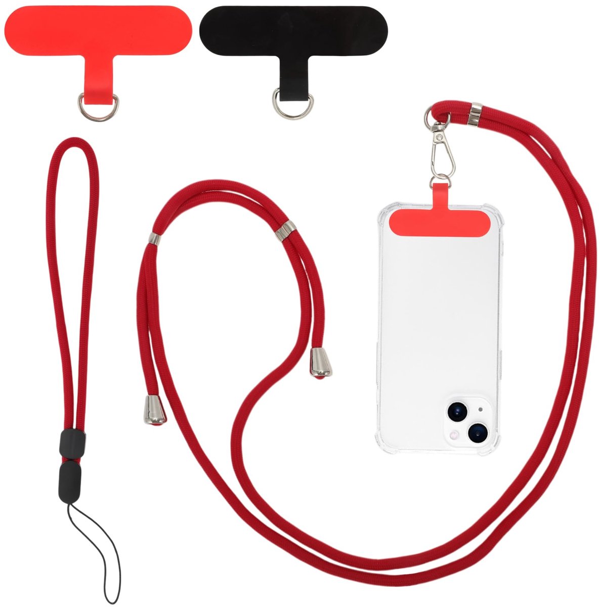 Dailygoods - Universele Mobiele Telefoonketting met 2 Patches, Rood