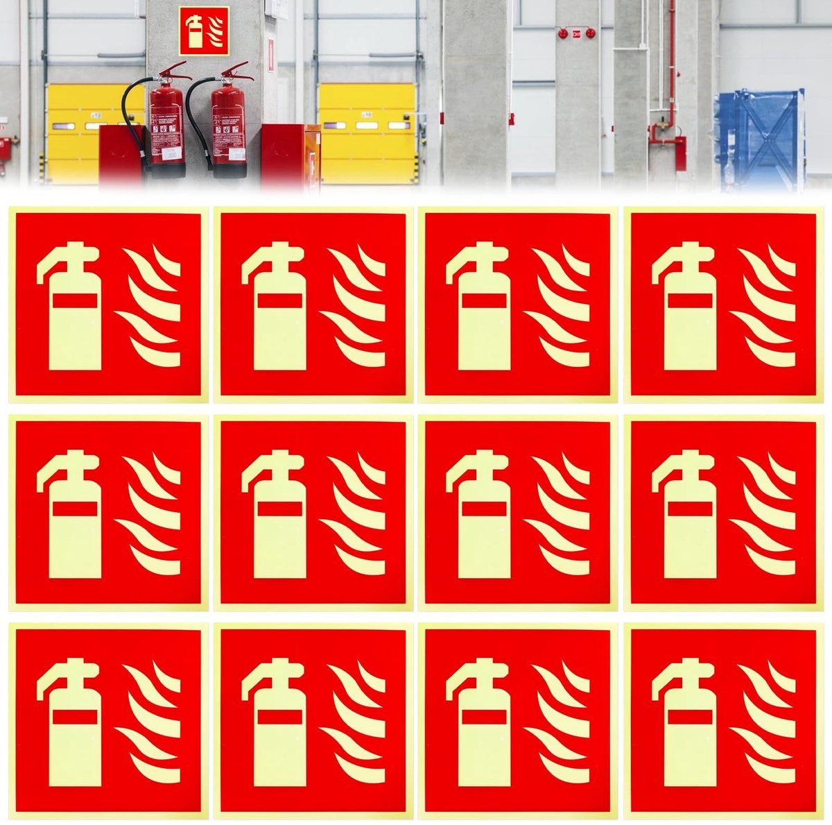 Set van 12 zelfklevende brandblusser borden, lichtgevende PVC-signalen voor binnen en buiten, ideaal voor nooduitgangen, trappenhuizen en tunnels, 14,5 x 14,5 cm
