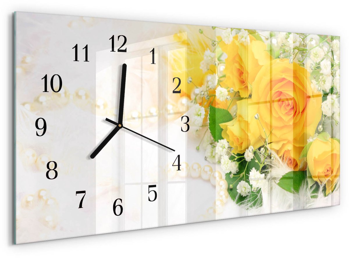 TULUP Wandklok - Bloemen Decoratieve Glazen Klok - 60x30 cm - Geel Glazen Wandklok Design - Zwarte Handen - Rechthoekige Wandklok - Decoratieve Glazen Klok - Glazen Wandklok Design Geel - Bloemen